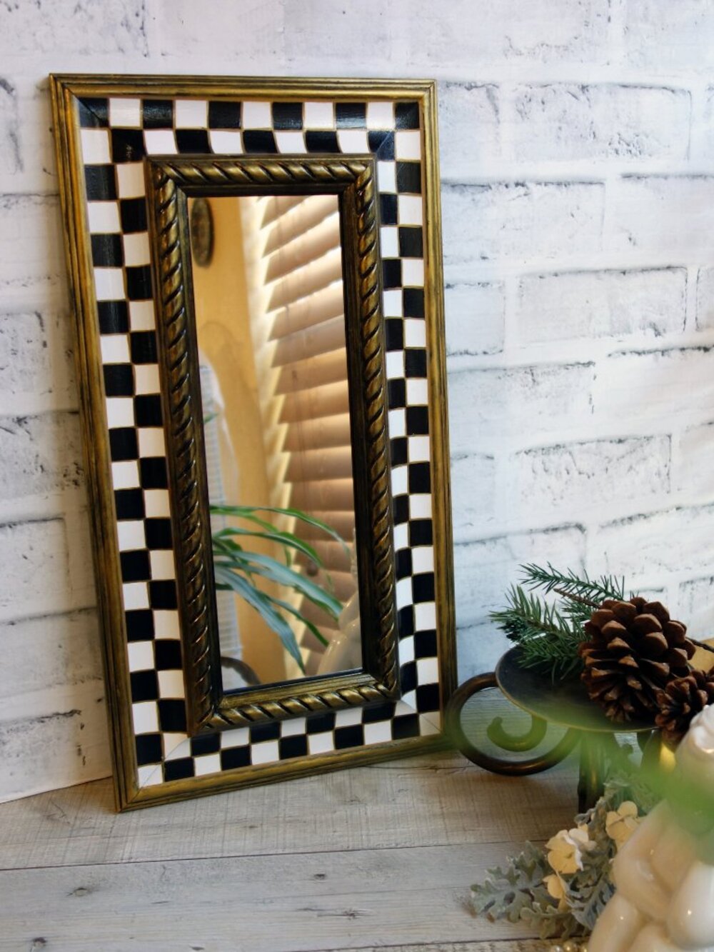 Checked Mirror Black and White Check Wall Decor Checkered Mantle Shelf Decor